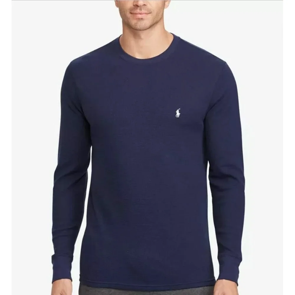 Polo Ralph Lauren Mens Navy Blue Waffle Knit Thermal Long Sleeve Shirt Medium